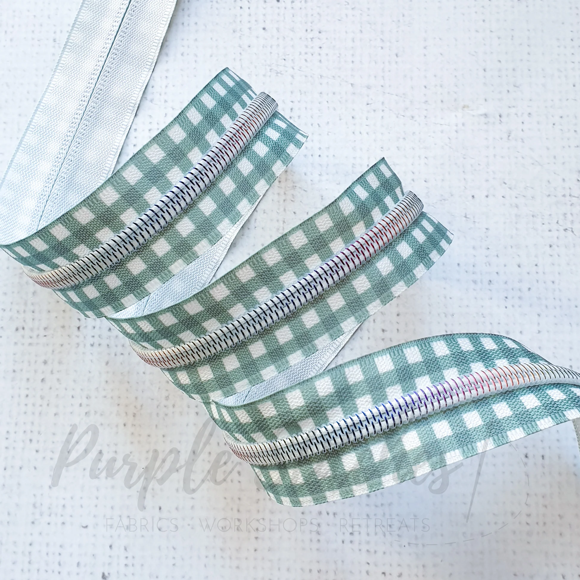 Sage Green Gingham Zipper Tape with White Rainbow Coil Teeth - Size 5 Zip